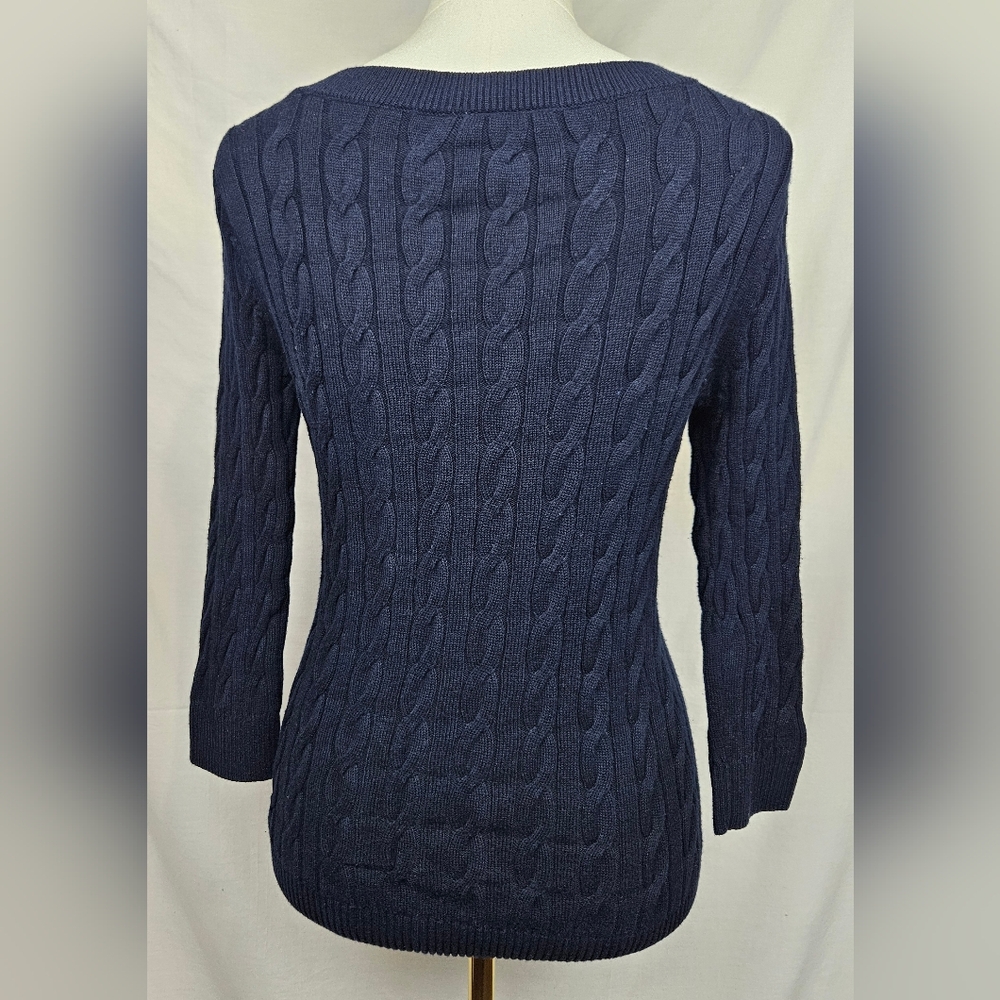 Loft Womens Blue Fitted Cable Knit Sweater Med Preppy Fisherman Academia - Picture 2 of 5
